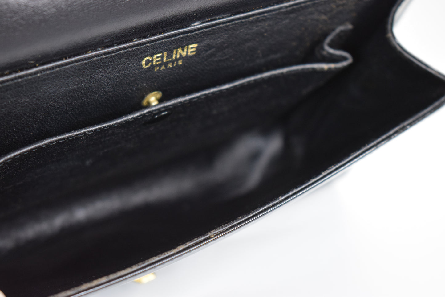 Vintage Celine Triomphe Clutch Umhängetasche Lackleder Schwarz Gold