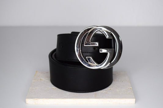 Vintage Gucci "Interlocking Signature" Gürtel 85/3,8 cm Schwarz Leder Silber