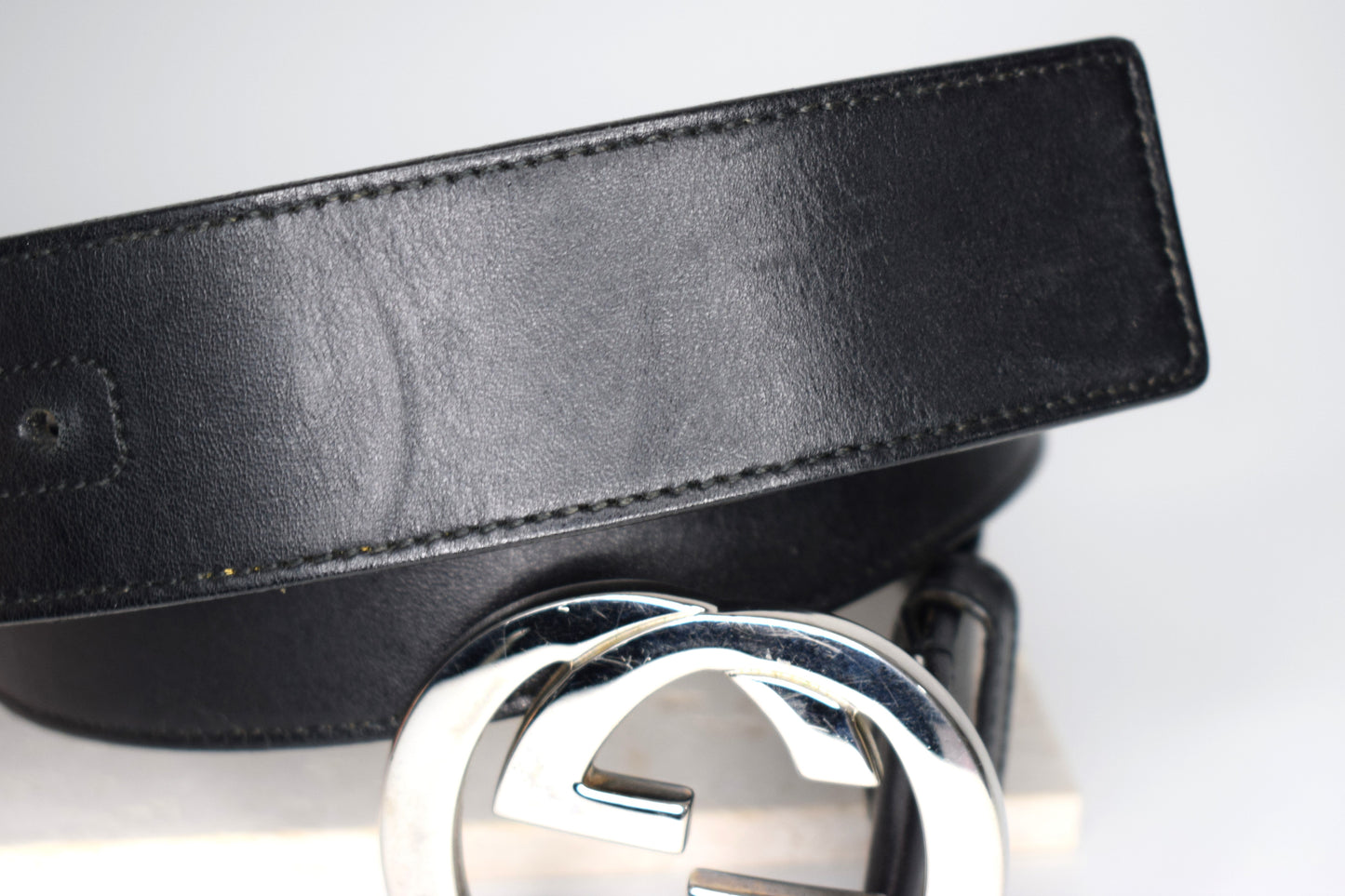 Vintage Gucci "Interlocking Signature" Gürtel 85/3,8 cm Schwarz Leder Silber