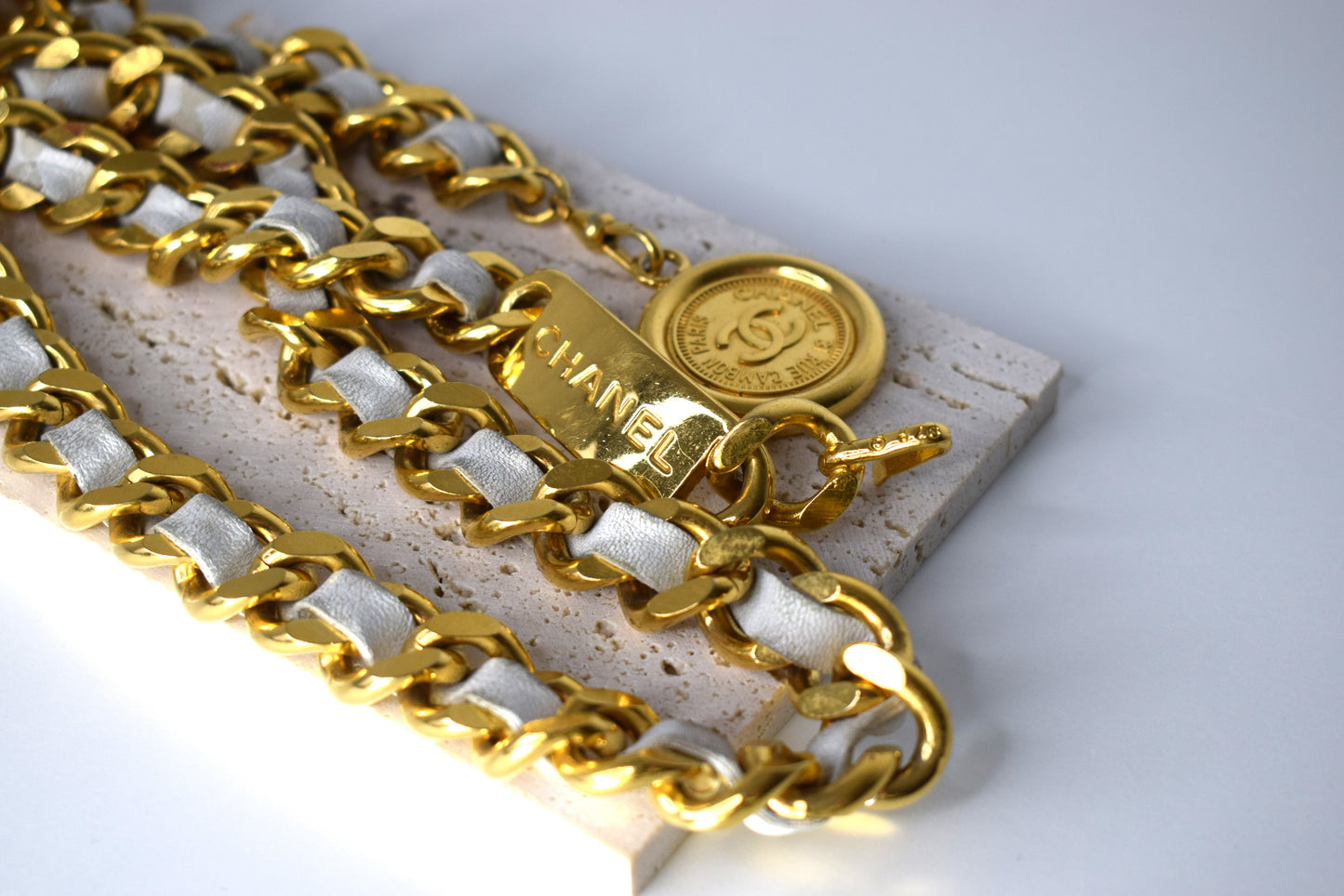 Vintage Chanel Kettengürtel 115cm Gold Leder Weiß Creme