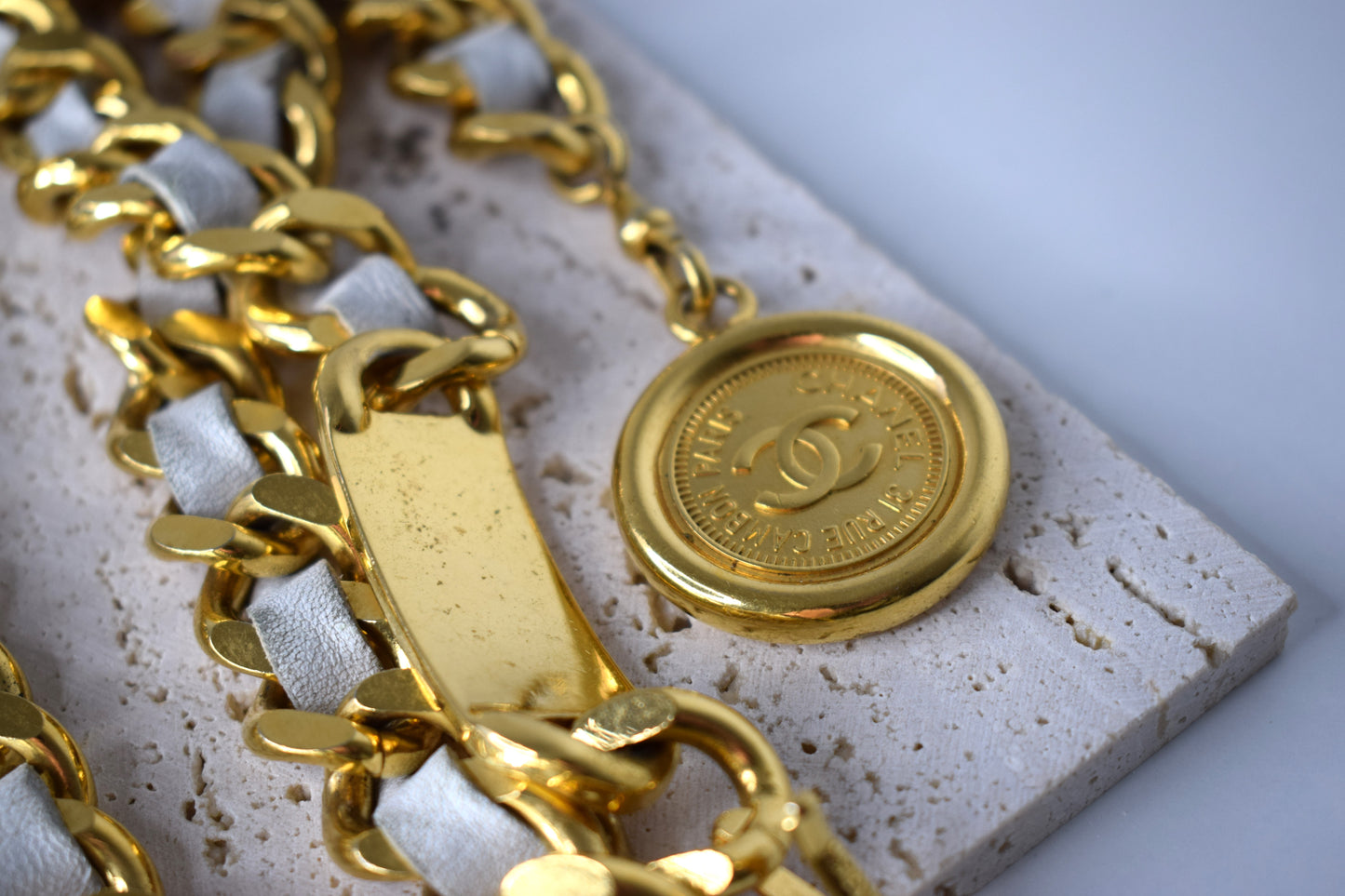 Vintage Chanel Kettengürtel 115cm Gold Leder Weiß Creme