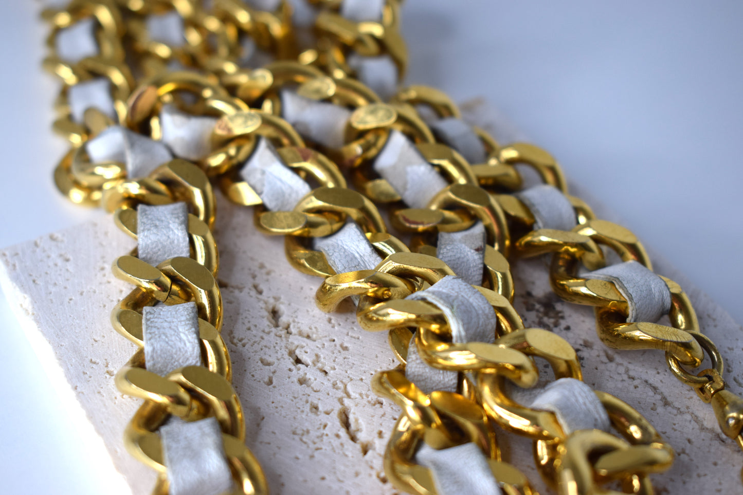 Vintage Chanel Kettengürtel 115cm Gold Leder Weiß Creme
