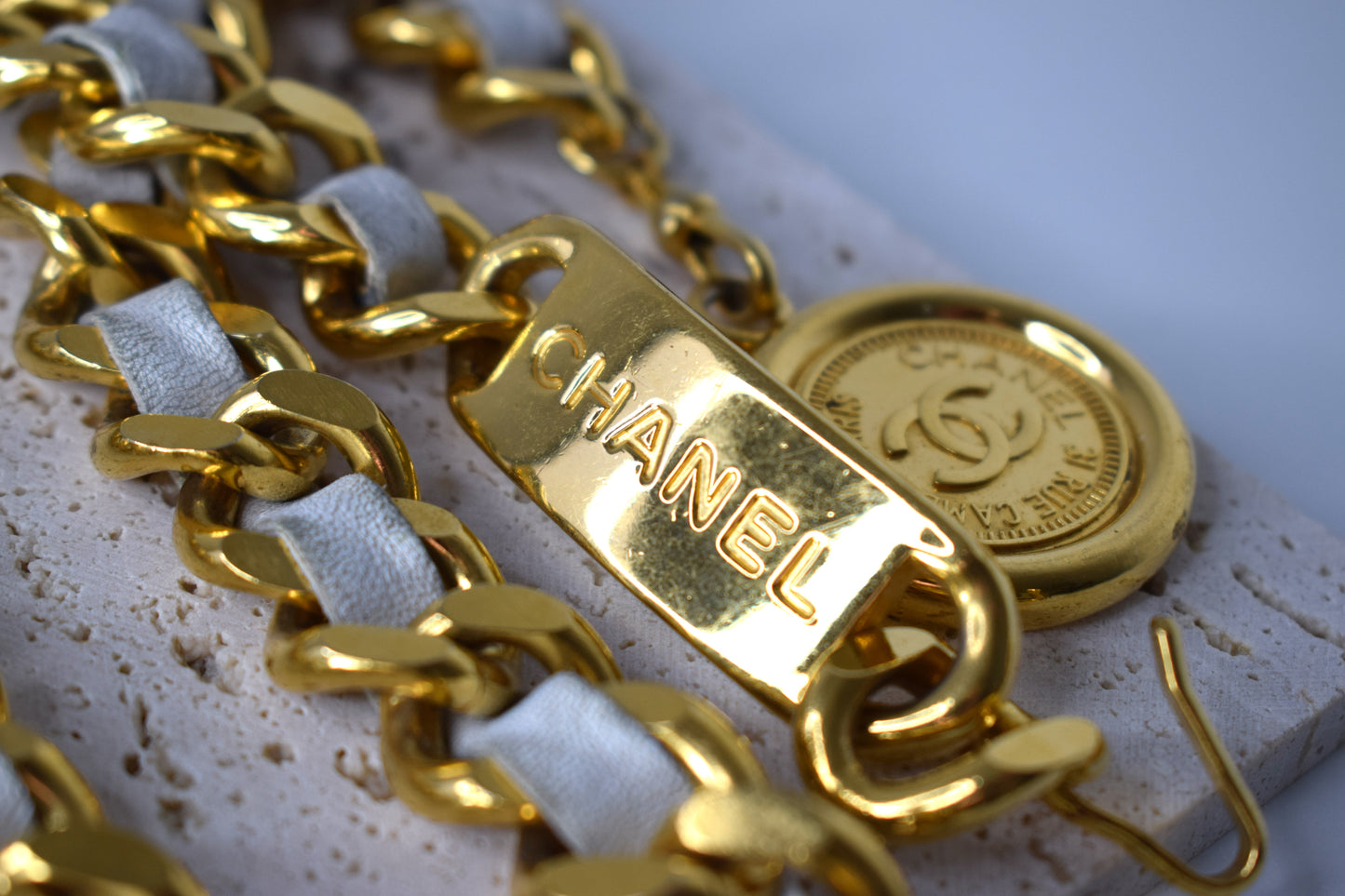 Vintage Chanel Kettengürtel 115cm Gold Leder Weiß Creme