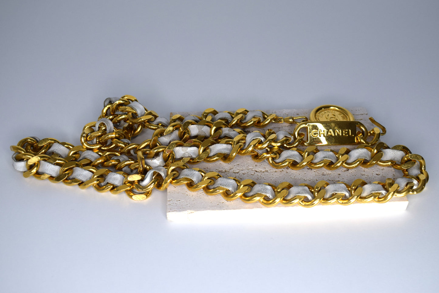 Vintage Chanel Kettengürtel 115cm Gold Leder Weiß Creme