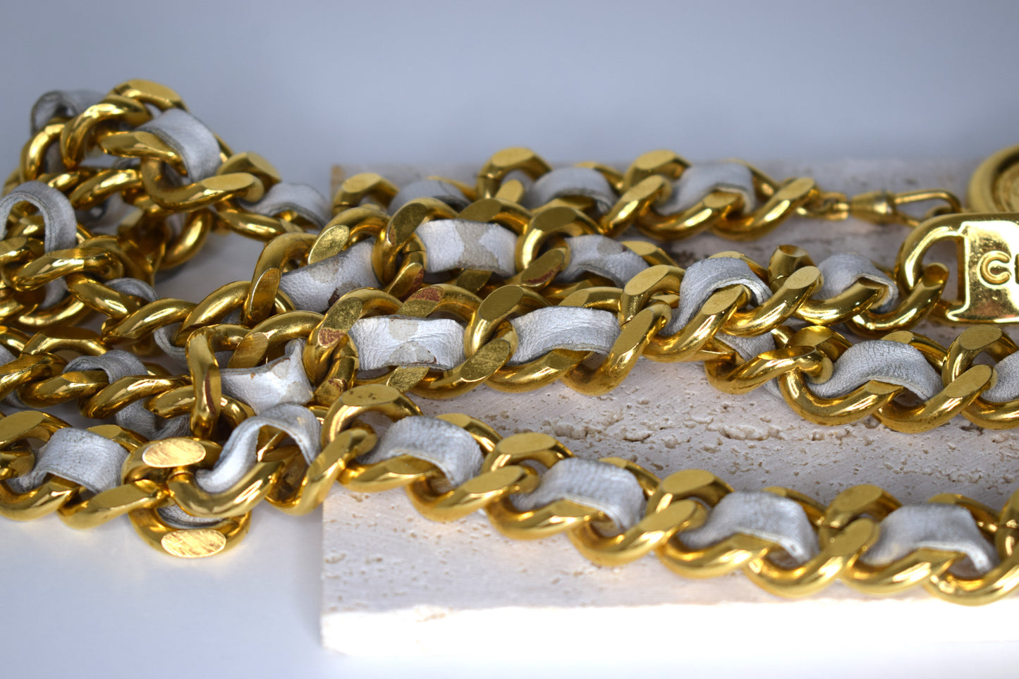 Vintage Chanel Kettengürtel 115cm Gold Leder Weiß Creme