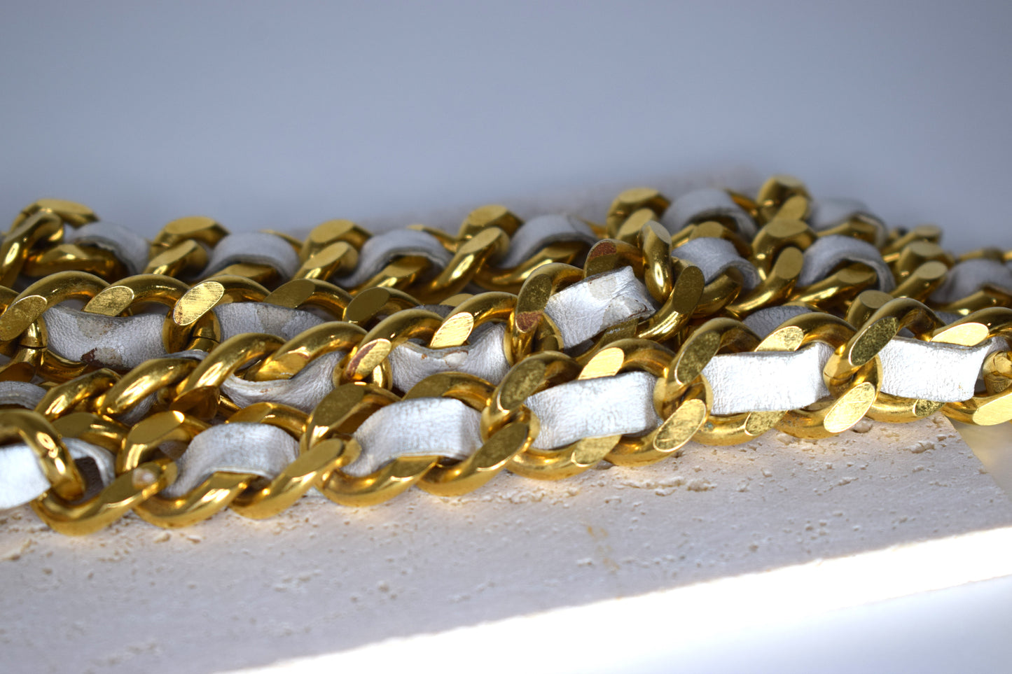 Vintage Chanel Kettengürtel 115cm Gold Leder Weiß Creme