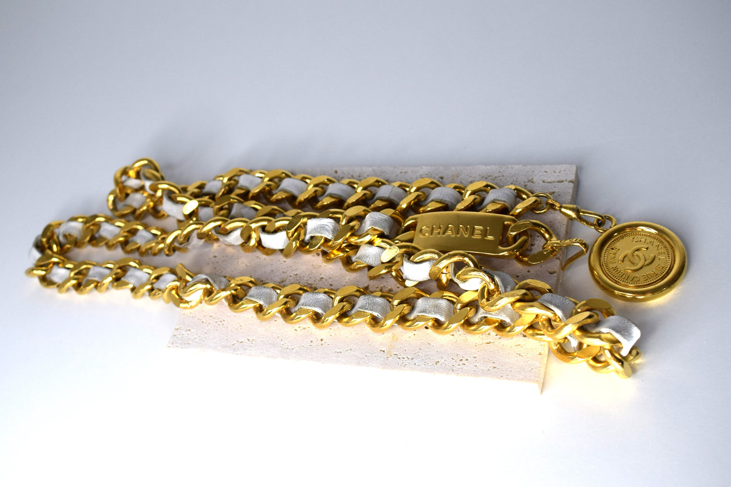 Vintage Chanel Kettengürtel 115cm Gold Leder Weiß Creme