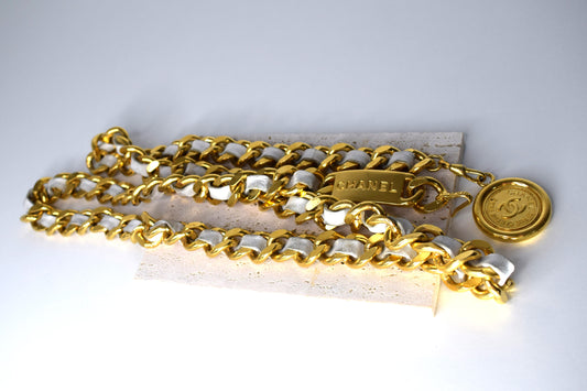 Vintage Chanel Kettengürtel 115cm Gold Leder Weiß Creme