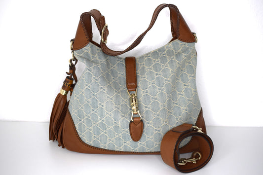 Gucci Jackie Blue Denim Bamboo Schultertasche Braun Leder