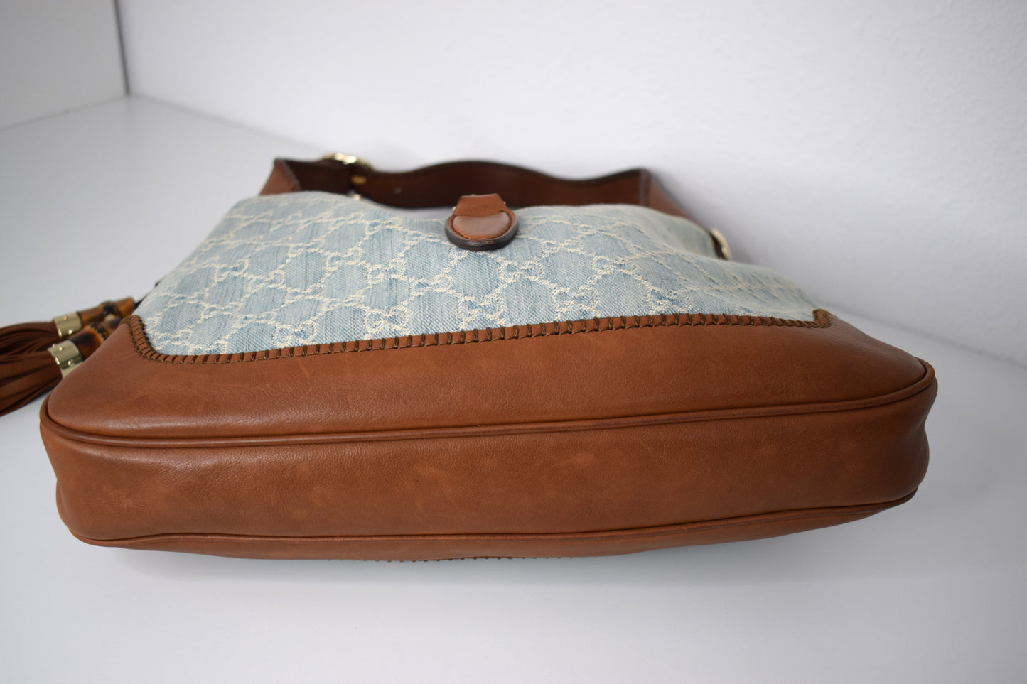 Gucci Jackie Blue Denim Bamboo Schultertasche Braun Leder