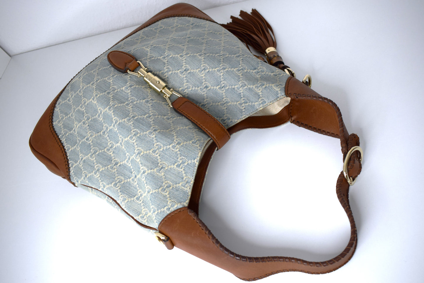 Gucci Jackie Blue Denim Bamboo Schultertasche Braun Leder
