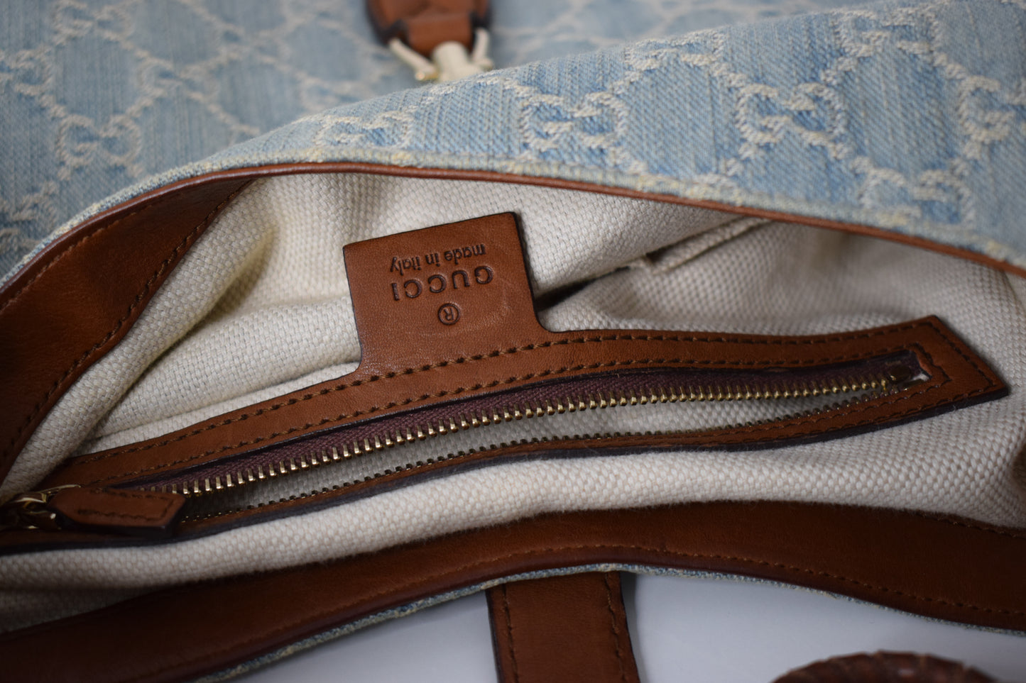 Gucci Jackie Blue Denim Bamboo Schultertasche Braun Leder