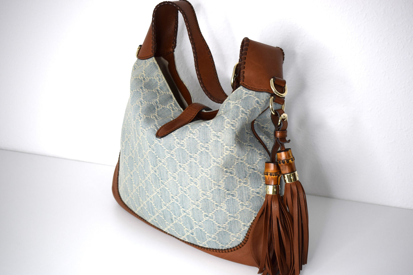 Gucci Jackie Blue Denim Bamboo Schultertasche Braun Leder