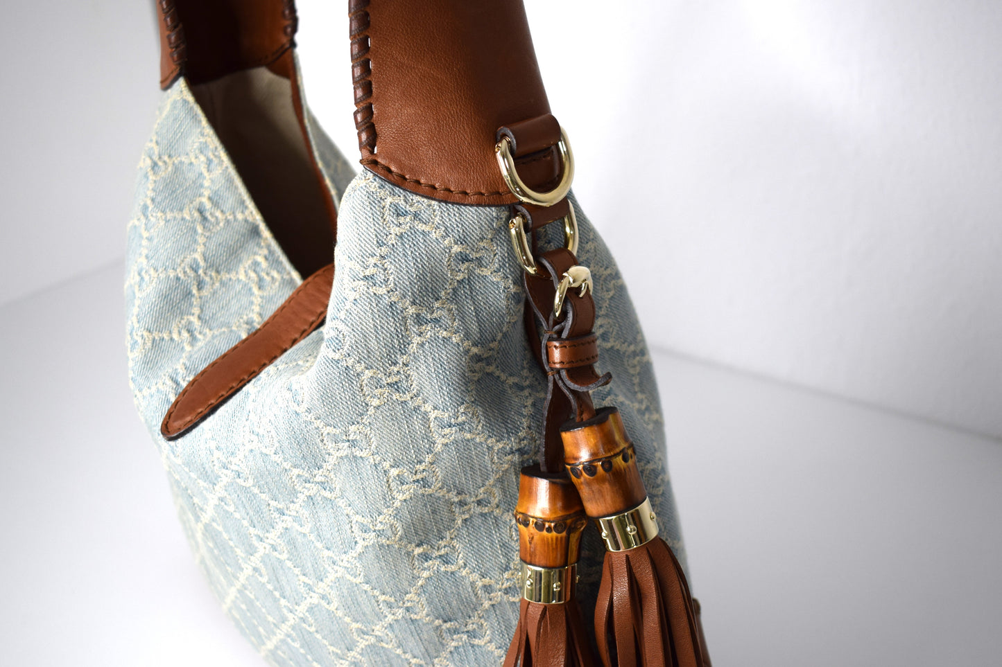 Gucci Jackie Blue Denim Bamboo Schultertasche Braun Leder