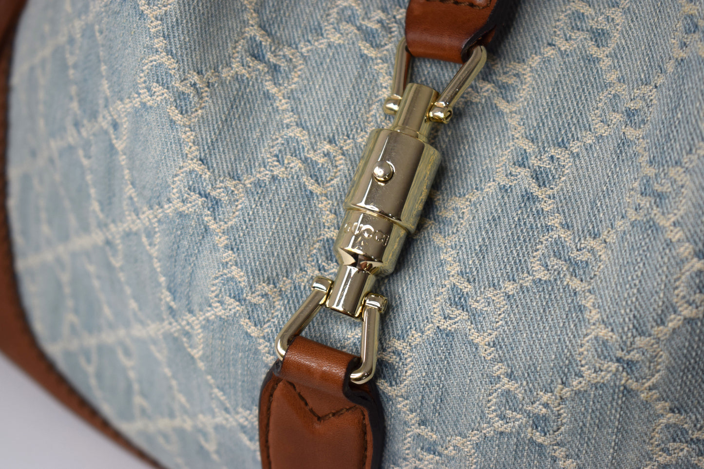 Gucci Jackie Blue Denim Bamboo Schultertasche Braun Leder