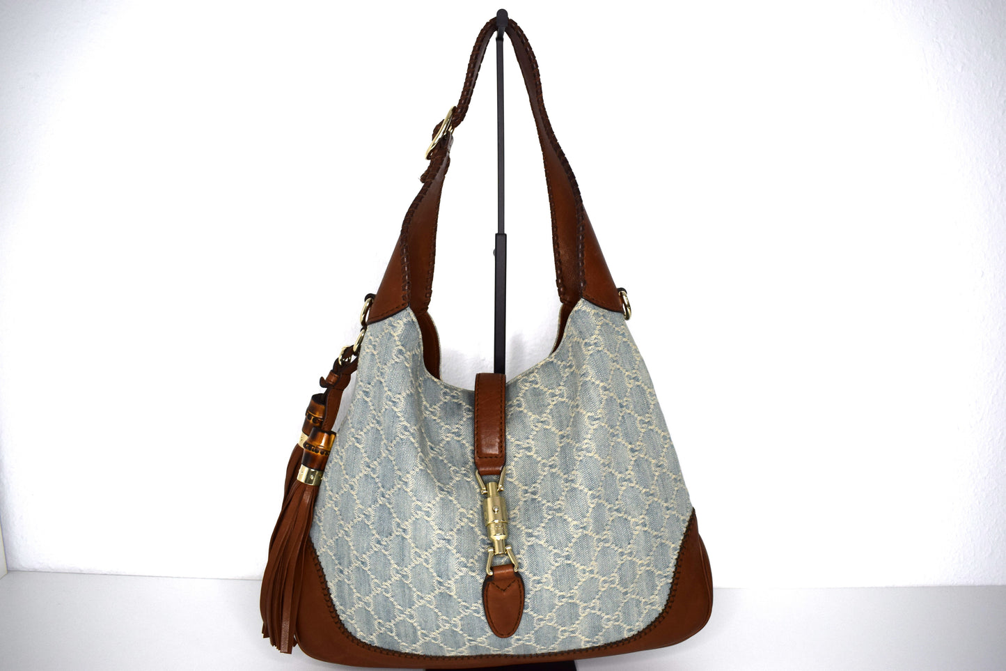 Gucci Jackie Blue Denim Bamboo Schultertasche Braun Leder
