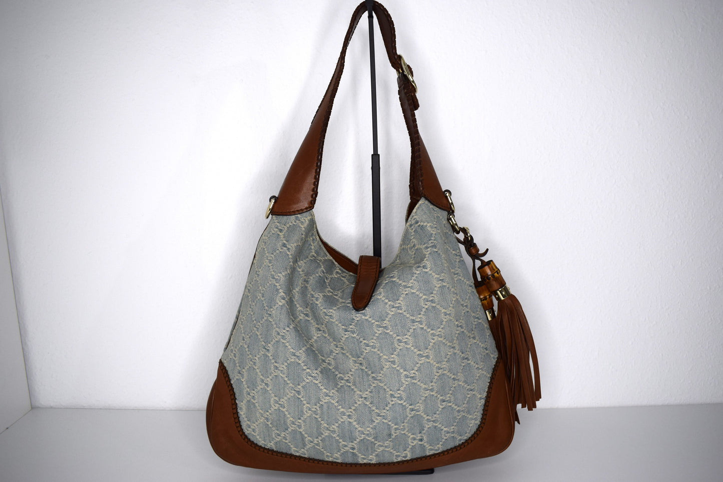 Gucci Jackie Blue Denim Bamboo Schultertasche Braun Leder