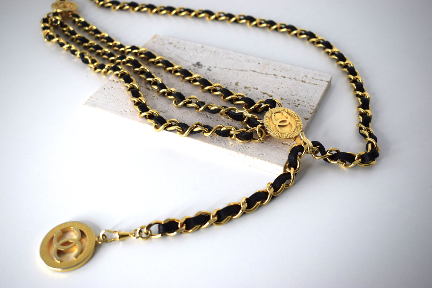 Vintage Chanel Kettengürtel 100cm Gold Leder Schwarz