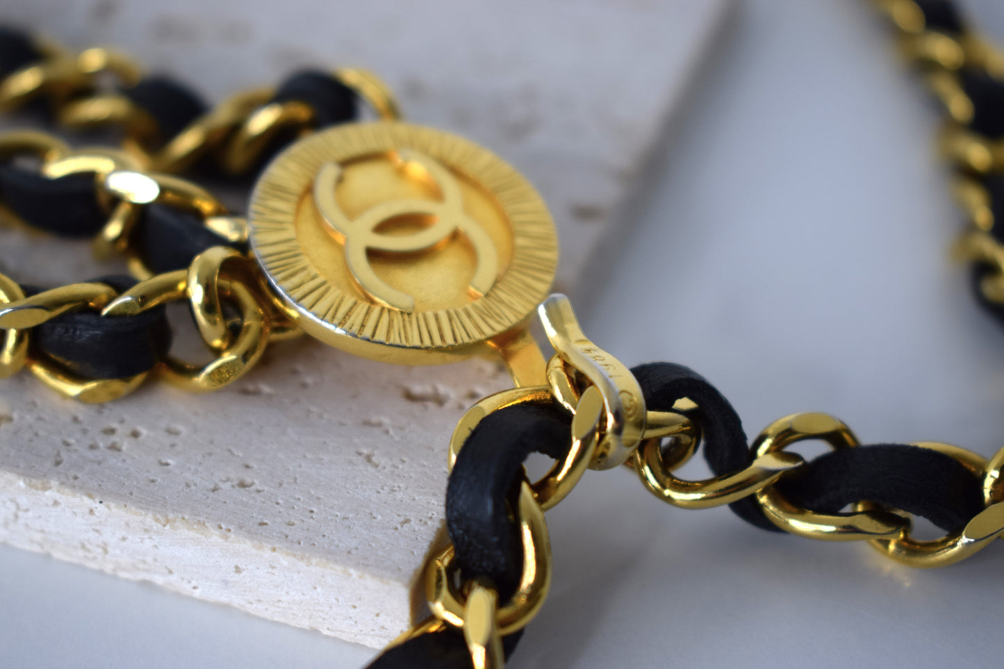 Vintage Chanel Kettengürtel 100cm Gold Leder Schwarz