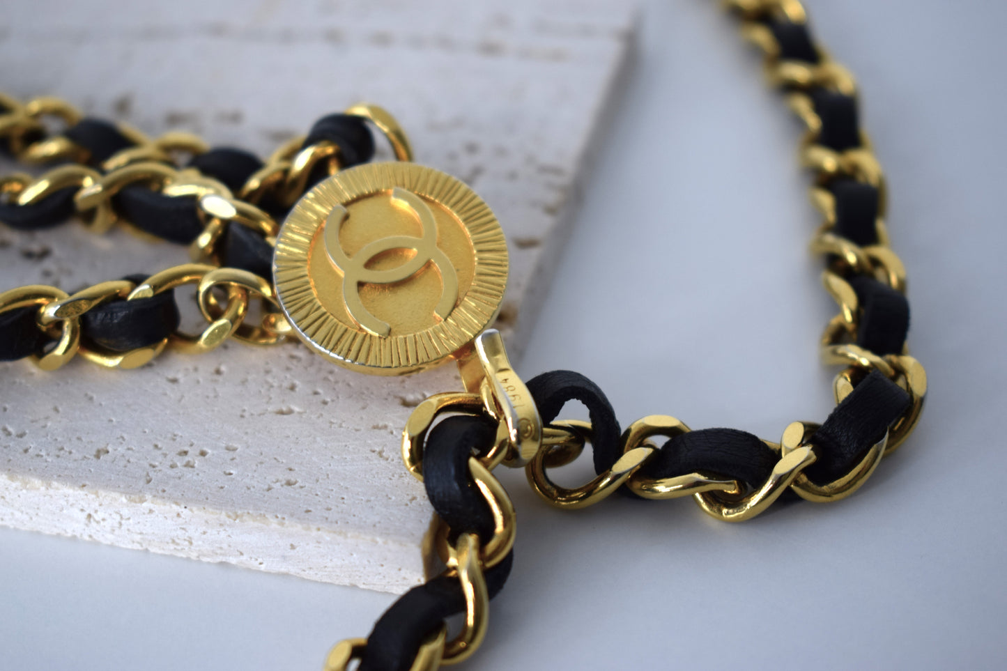 Vintage Chanel Kettengürtel 100cm Gold Leder Schwarz