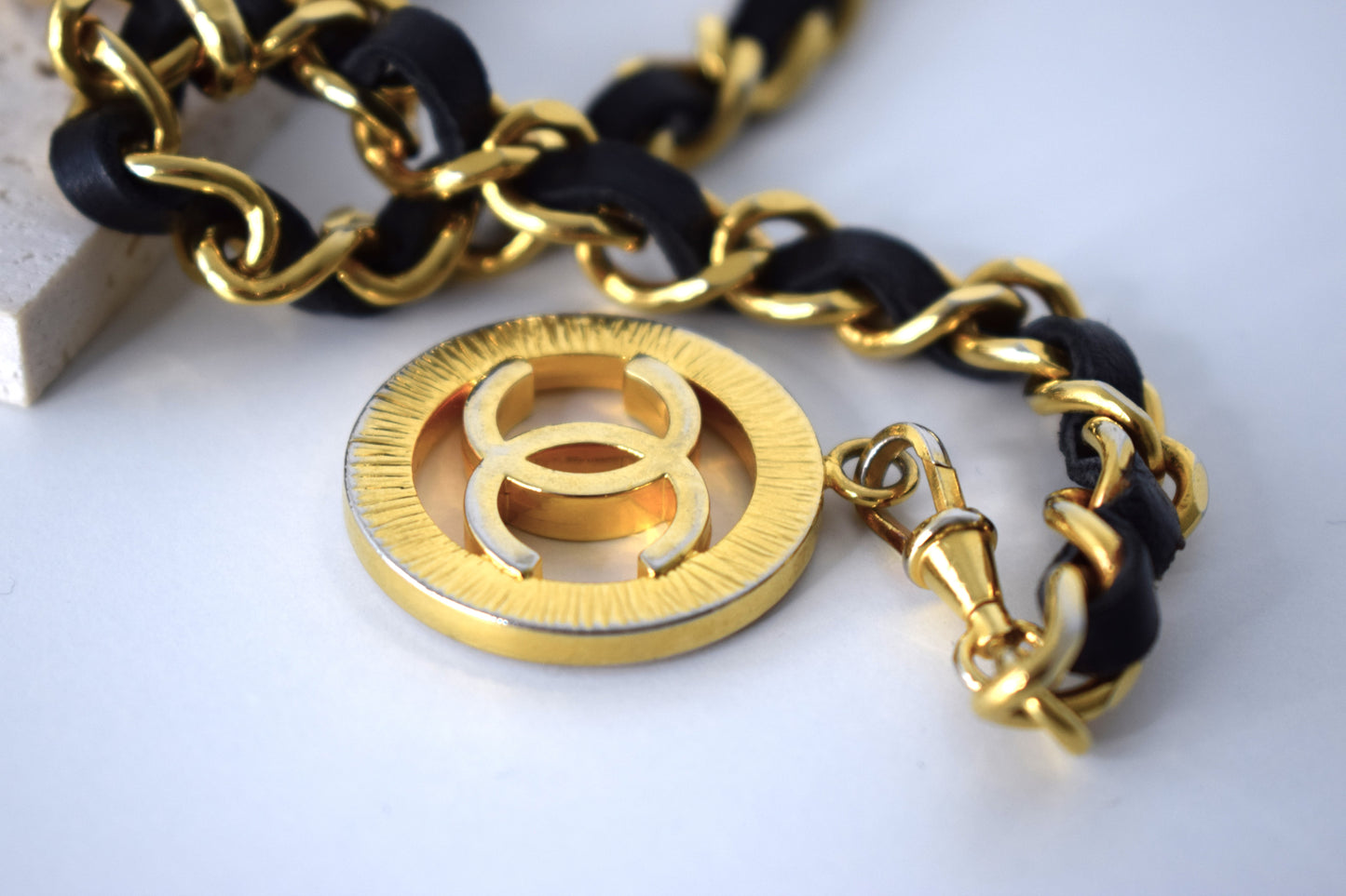 Vintage Chanel Kettengürtel 100cm Gold Leder Schwarz