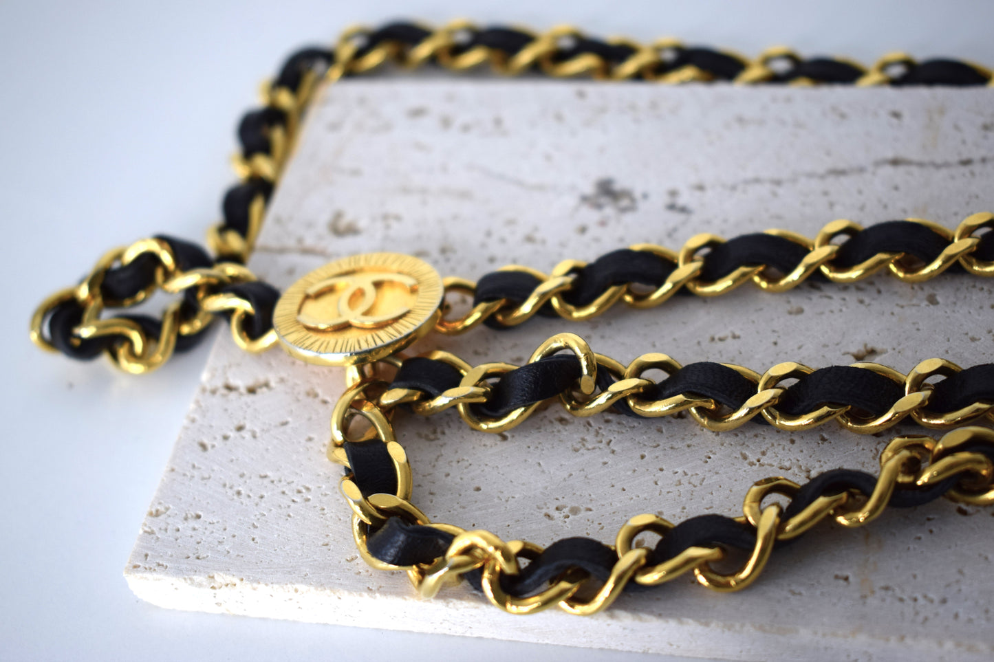 Vintage Chanel Kettengürtel 100cm Gold Leder Schwarz
