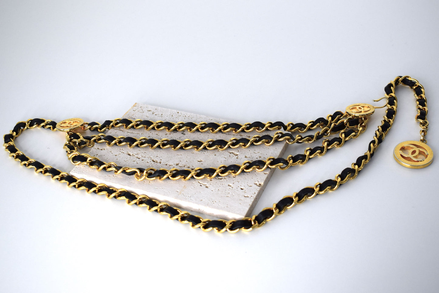 Vintage Chanel Kettengürtel 100cm Gold Leder Schwarz