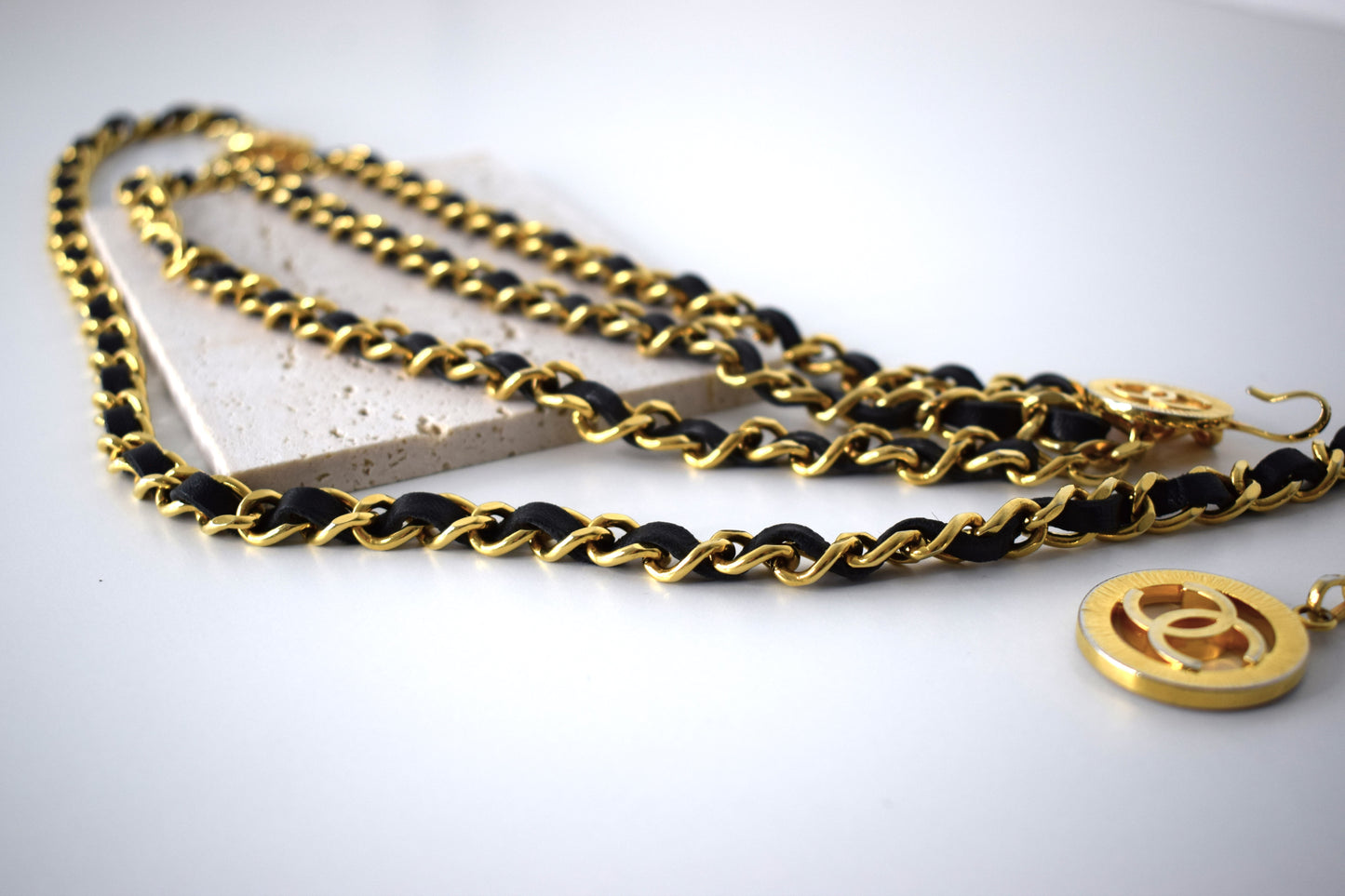 Vintage Chanel Kettengürtel 100cm Gold Leder Schwarz
