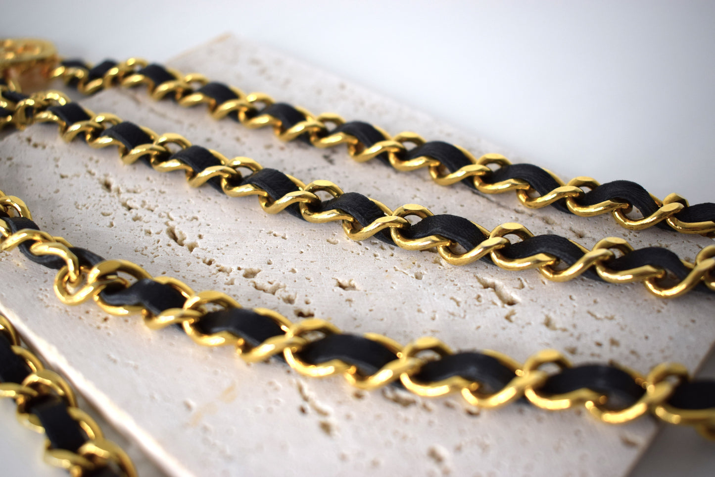 Vintage Chanel Kettengürtel 100cm Gold Leder Schwarz