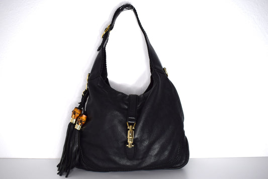 Vintage Gucci Jackie Bamboo Schultertasche Schwarz Leder