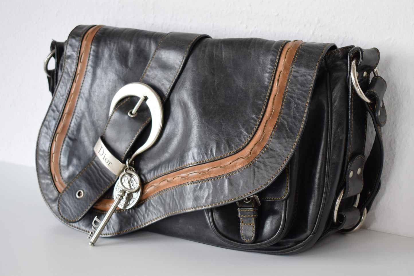 Dior Vintage Saddle Bag "Gaucho" Schwarz Braun Großes Modell