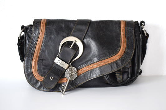 Dior Vintage Saddle Bag "Gaucho" Schwarz Braun Großes Modell