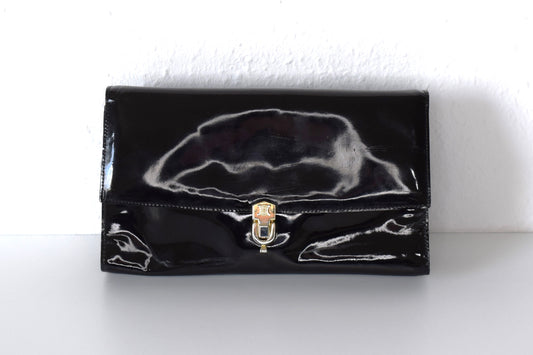 Vintage Celine Triomphe Clutch Umhängetasche Lackleder Schwarz Gold