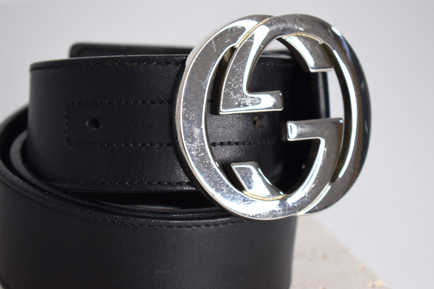 Vintage Gucci "Interlocking Signature" Gürtel 85/3,8 cm Schwarz Leder Silber