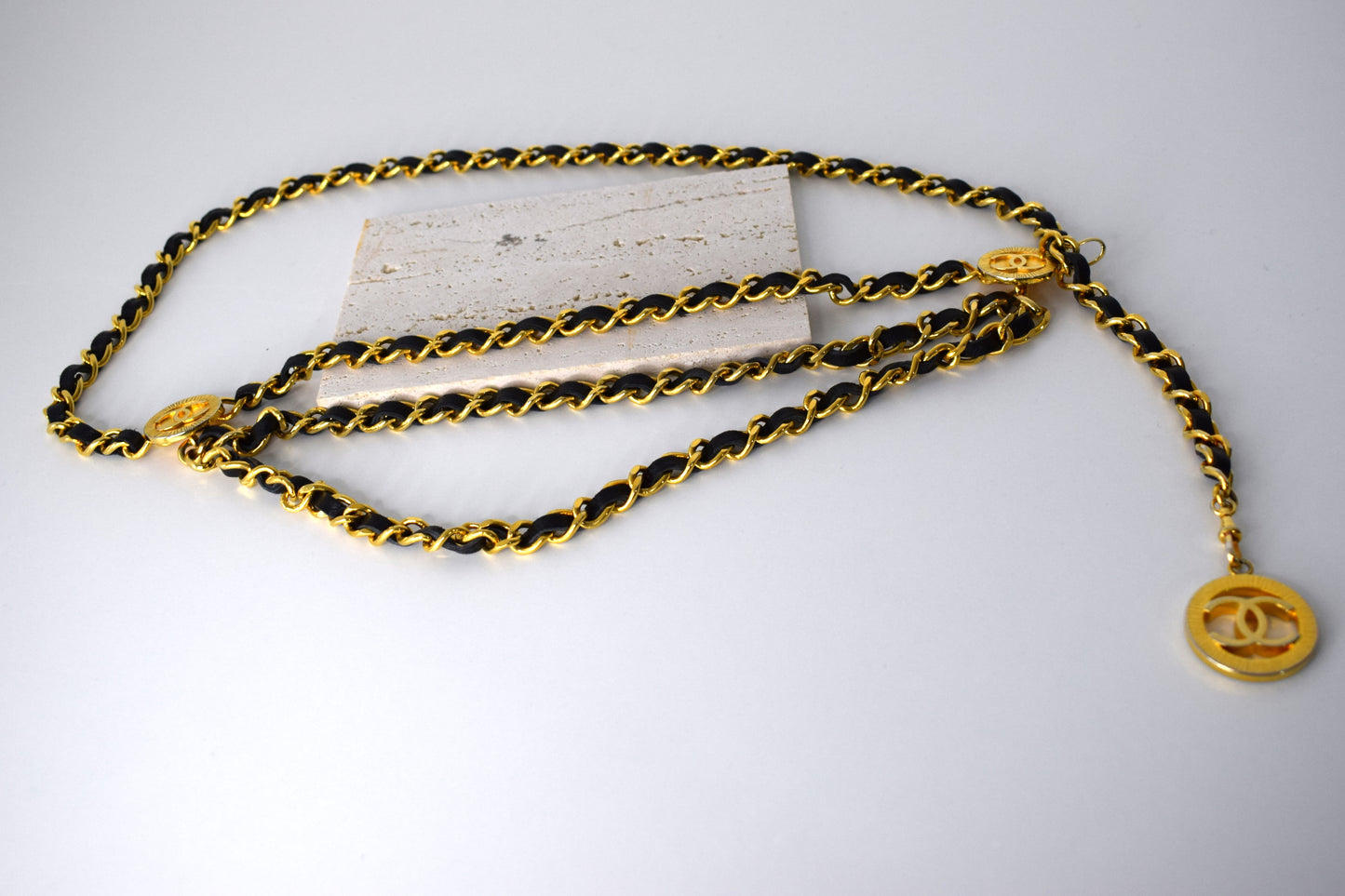 Vintage Chanel Kettengürtel 100cm Gold Leder Schwarz