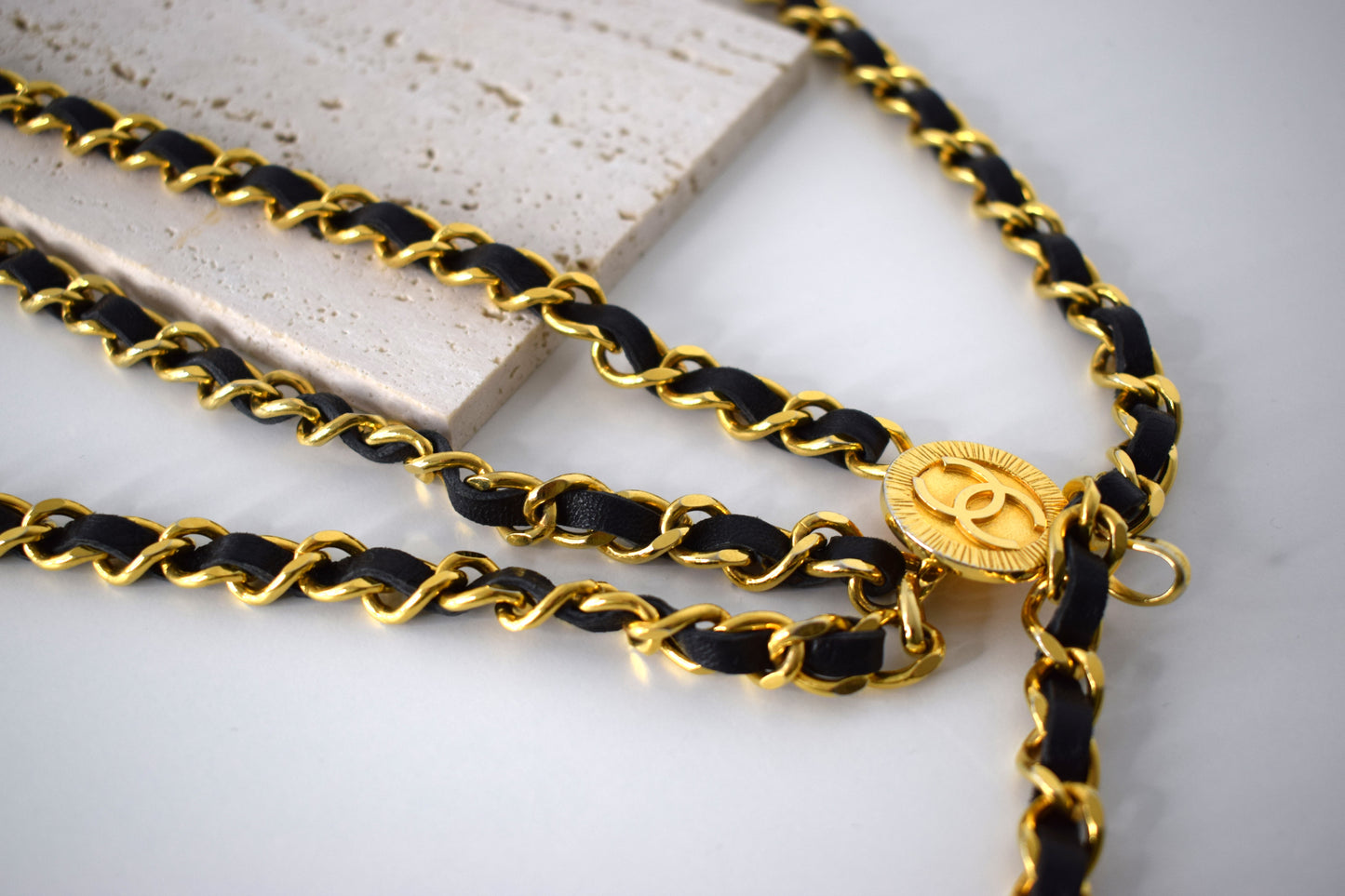 Vintage Chanel Kettengürtel 100cm Gold Leder Schwarz